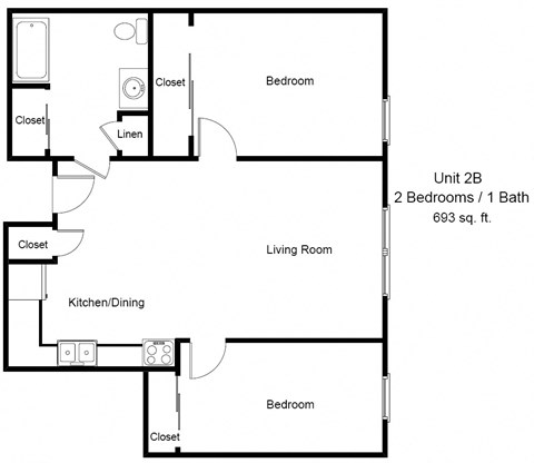 Floor plan for 2 beds, 1 bath, 693 sqft